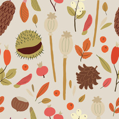 Seamless pattern with hand drawn fallen leaves, poppy seed heads, rose hips, berries, maple seed pods, pine cone, chestnuts. Bright autumn tiling background, textile, wrapping paper. Fall wallpaper.