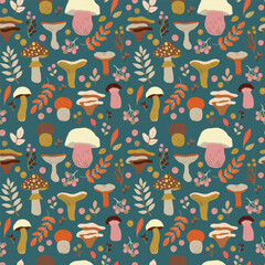 Cute seamless pattern with colourful hand drawn mushrooms, fallen leaves and wild forest berries. Bright autumn tiling background, textile, wrapping paper. Cozy fall wallpaper.