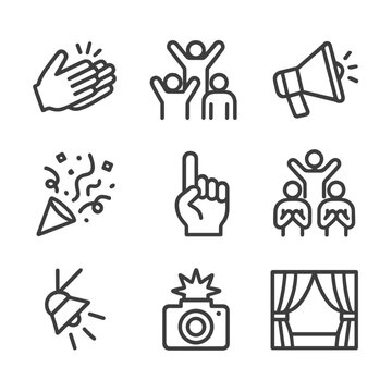 Cheering Icon Set. Outline icon set of cheering and applause: clapping hands, cheering crowd silhouette, megaphone, confetti burst