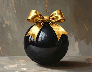 Shiny, glossy black orb ornament with golden ribbon against neutral backdrop