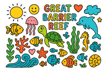 Colorful Marine Doodles. Great Barrier Reef. Colorful Hand-drawn doodle Children illustration coral, fish, turtle, starfish, jellyfish, seaweed, wave, sun,