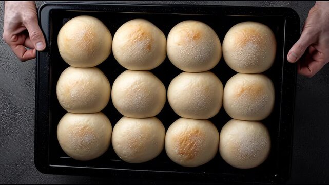 Raw champignon mushrooms arranged in neat rows on dark baking tray background, top view food pattern with soft studio light. Concept of fresh organic cooking ingredients
