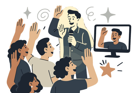 Interactive Engagement Scene. Interactive sessions. Glowing facilitator standing with microphone as both live audience and video call attendees raise hands.