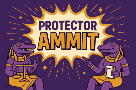 Protector Ammit Banner. Protector Ammit banner, flat vector illustration, bold oversized text inside comic burst, cartoon characters sitting and pointing,