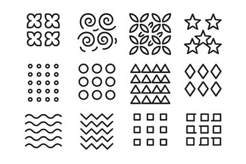 Repeating Motif Icons. Repeating motifs. Line icon set of Repeating motifs: floral pattern, swirl, leaf, star, dot, circle, triangle, diamond, wave, chevron,