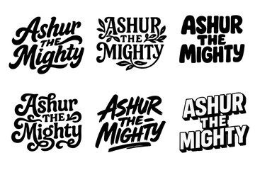 Obraz premium Creative Lettering Grid. Ashur the Mighty. Set lettering. harmonious lettering variations of the same emblematic concept (Bold hand-lettering with playful