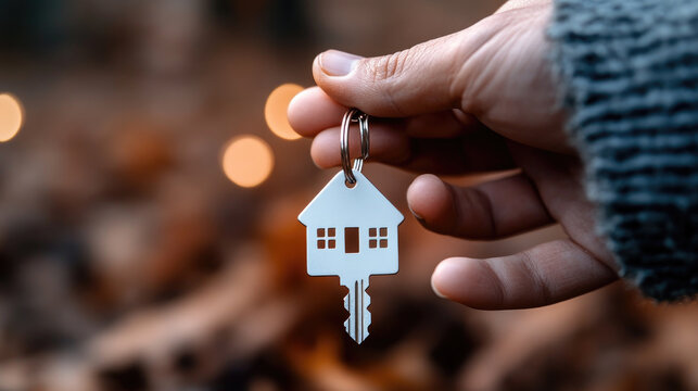 House key on a chain symbolizing home ownership, real estate investment, buying a new property, and future housing dreams during winter season - Powered by Adobe