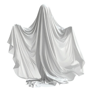 White sheet draped, ghost-like figure, arms spread, translucent, floating against a black background
