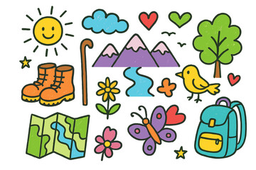 Fototapeta premium Romantic Hike Doodles. Romantic Hike. Colorful Hand-drawn doodle Children illustration boots, walking stick, heart, star, mountain, sun, cloud, river, flower,