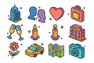 City Love Icons. City Romance. Colorful isometric vector icons set of city romance: skyscraper, couple silhouette, heart, suitcase, champagne glasses, candle,