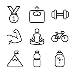 Fitness Milestones Icons. Outline icon set of fitness milestones: running medal, weight scale with upward arrow, dumbbell,