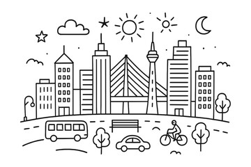 Obraz premium Hand-Drawn Urban Skyline. Urban skyline. Hand-drawn doodle illustration urban skyline skyscraper, tower, building, bridge, road, car, bus, bicycle, tree,