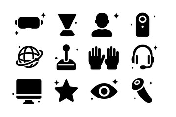 Immersive Tech Icons. Immersive tech. Solid icons set of Immersive tech: VR headset, hologram, avatar, camera, virtual globe, joystick, gloves, headset with