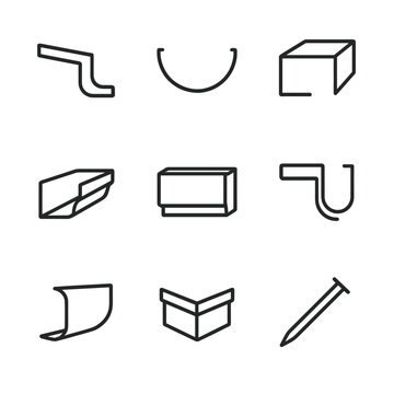 Gutter Profiles Icons. Outline icon set of gutter profiles: K-style gutter, half-round gutter, box gutter, seamless gutter, fascia