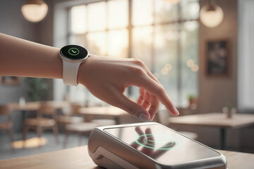 Smartwatch on wrist is being used to make a contactless payment at a modern cafe, showcasing technology integration in daily life with a focus on convenience and innovation