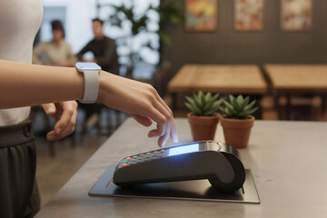 Woman using contactless payment terminal with smartwatch in modern cafe, showcasing technology and convenience in everyday transactions and consumer experiences