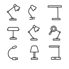 Desk Lamp Icons. Outline icon set of desk reading lamps: adjustable arm lamp, clip-on lamp, LED desk lamp, banker&rsquo;s lamp,