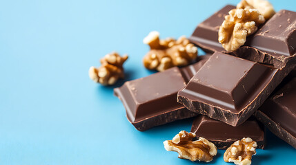 Chocolate and walnut pieces on a light blue background. Dark chocolate chunks with nuts makes a sweet treat.