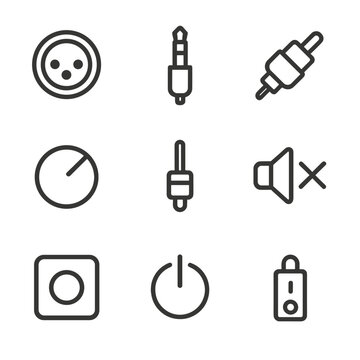 Audio Icon Grid. Outline icon set of audio connections and controls: XLR connector, TRS jack, RCA plug, USB port, volume knob,