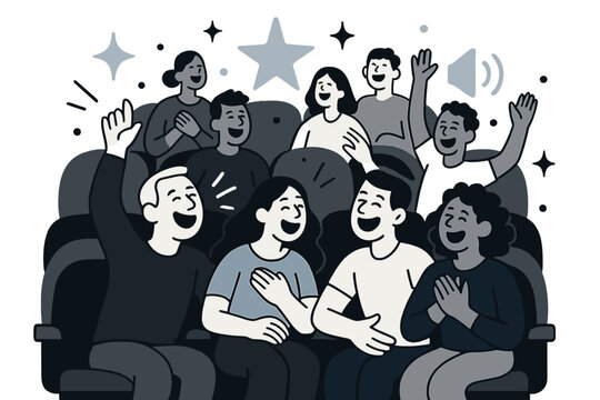 United Laughter Theater. United laughter. Glowing full theater scene with rows of audience in synchronized joy. Floating icons of sparkle, star, and sound wave