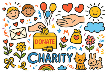 Fototapeta premium Colorful Donation Doodles. Charity. Colorful Hand-drawn doodle Children illustration donation box, coins, hands giving, heart, smiling faces, gift bag,