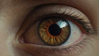 Naklejka premium This close-up captures the intricate details of a unique eye, featuring vibrant orange and brown patterns. The reflection of light adds depth to the appearance