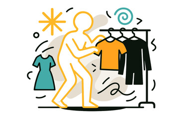 Individual Style Choices. Wardrobe Choices. A glowing figure selecting clothes from a rack, abstract spark and swirl icons symbolizing individuality. Modern