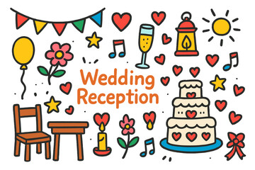 Colorful Wedding Celebration. Wedding Reception. Colorful Hand-drawn doodle Children illustration table, chair, cake, champagne glass, lantern, flower,