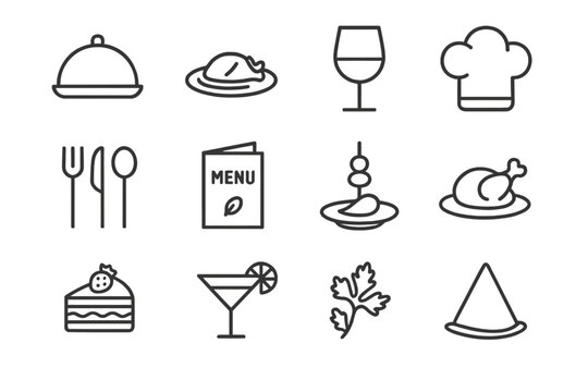 Gastronomic Icon Set. Gastronomic experience. Line icon set of Gastronomic experience: cloche, plated dish, wine glass, chef hat, cutlery set, menu card,