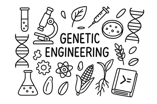 Genetic Engineering Doodles. Genetic engineering. Hand-drawn doodle illustration genetic engineering DNA strand, test tube, flask, plant leaf, syringe,