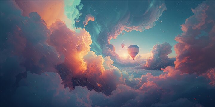 Majestic hot air balloons ascend through an ethereal, dreamlike sky filled with dramatic, swirling clouds illuminated by vibrant sunrise colors.