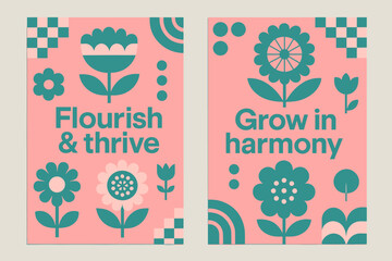 Flourish & Thrive Banners. Flourish & thrive. Two vertical A6 banners with safe margins, centered composition, no elements touching edges, bauhaus, pink and