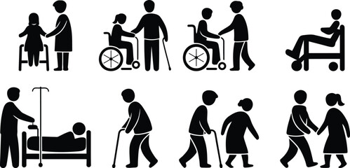 Diverse silhouettes depicting caregiver assistance elderly mobility health support