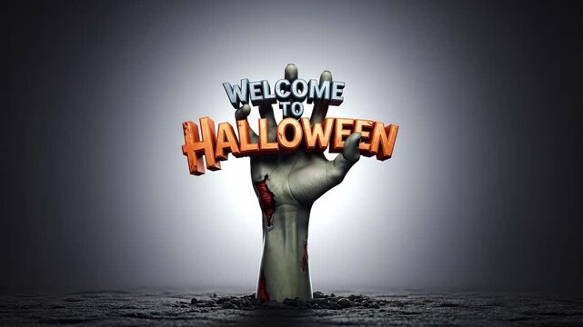 Zombie Hand Welcoming to Halloween - A zombie hand emerges from the ground, holding the words "Welcome to Halloween".