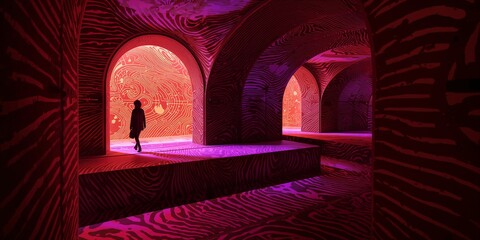Silhouette Explores Surreal Arched Corridor Bathed in Hypnotic Red and Purple Wavy Patterns with Glowing Abstract Openings and Deep Shadows