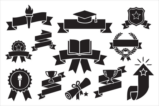 Collection of graduation and achievement symbols with ribbons

