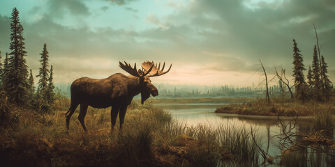 Wild moose in wetlands of North America