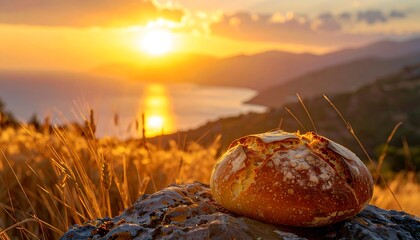 Rustic loaf of bread on a stone, overlooking sunlit sea & distant hills at sunset