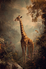 Wild giraffe in African savanna landscape