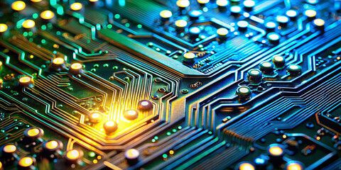 The artwork features a vibrant circuit board, showcasing tiny glowing lights and detailed connections. It captures a high-tech environment rich in color and complexity