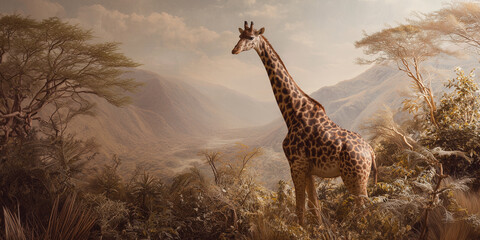 Wild giraffe in African savanna landscape