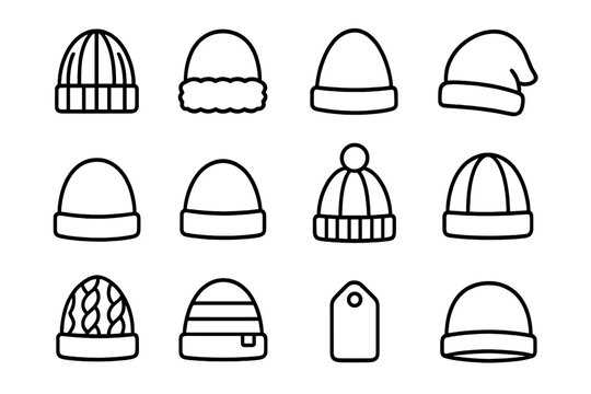 Outdoor Beanie Icons. Outdoor beanies. Line icon set of Outdoor beanies: knitted beanie, fleece-lined beanie, wool hat, slouchy beanie, cuffed beanie, folded