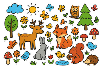 Naklejka premium Whimsical Forest Creatures. Forest Animals. Colorful Hand-drawn doodle Children illustration deer, fox, rabbit, squirrel, owl, birds, hedgehog, mushrooms,