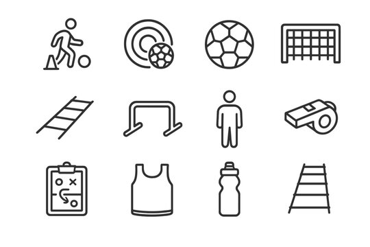 Soccer Drill Icons. Soccer drills. Line icon set of Soccer drills: dribbling cone, passing target, soccer ball, goalpost, agility ladder, hurdle, player