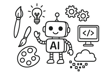 Creative AI Doodle. Creative AI. Hand-drawn doodle illustration Creative AI robot paintbrush palette light bulb gears computer cloud digital pixels idea.
