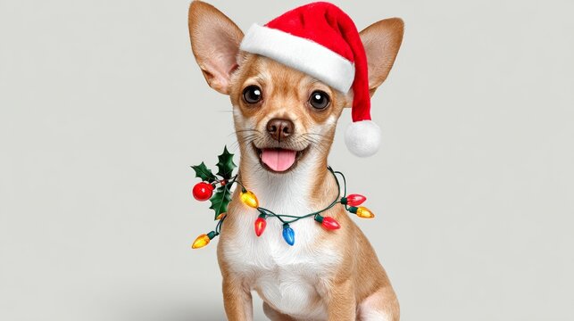 Small dog wearing festive Santa hat and colorful holiday lights around neck, sitting against a neutral background, exuding a cheerful and playful holiday spirit, perfect for seasonal celebrations