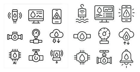 Water utility outline icons set – linear, plumbing, filtration, hydrology symbols