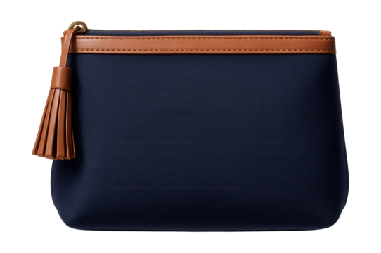 Navy blue canvas travel makeup bag with leather details and tassel zipper.