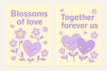Fototapeta premium Kawaii Love Blossoms. Blossoms of love. Two vertical A6 banners with safe margins, centered composition, no elements touching edges, kawaii, pastel yellow and