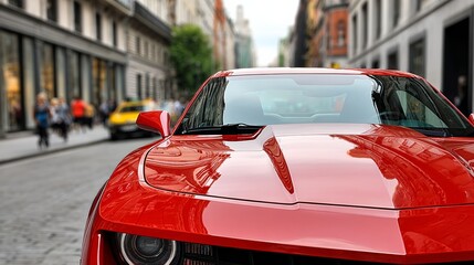 Red sports car parked on urban street, showcasing sleek design and glossy finish, surrounded by blurred pedestrians and city architecture, capturing the essence of modern automotive culture and lifest
